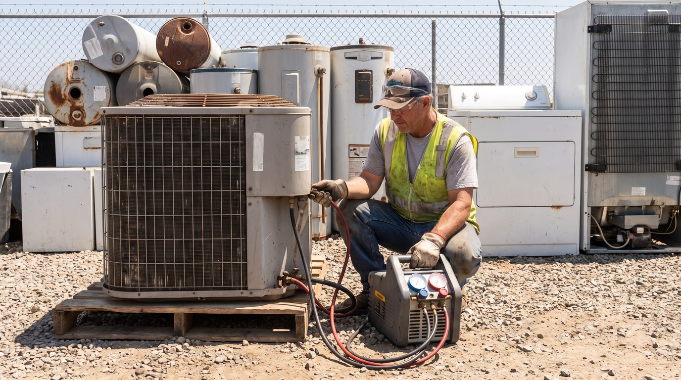 Appliance and AC Unit Recycling with Refrigerant Recovery HVAC technician recovering refrigerant from an old AC condenser unit before recycling