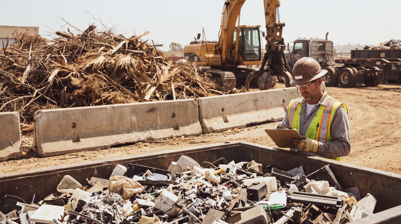 Certified Destruction and Green Waste Recycling Supervisor documenting a certified destruction load beside processed green waste