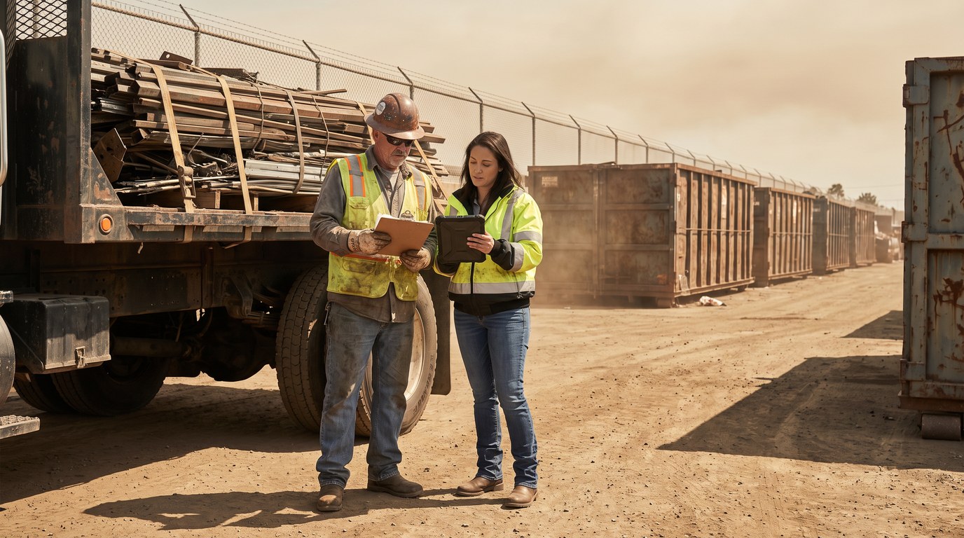 Commercial Scrap Metal Accounts for Contractors Contractor and scrap yard account manager reviewing pickup paperwork by a flatbed truck