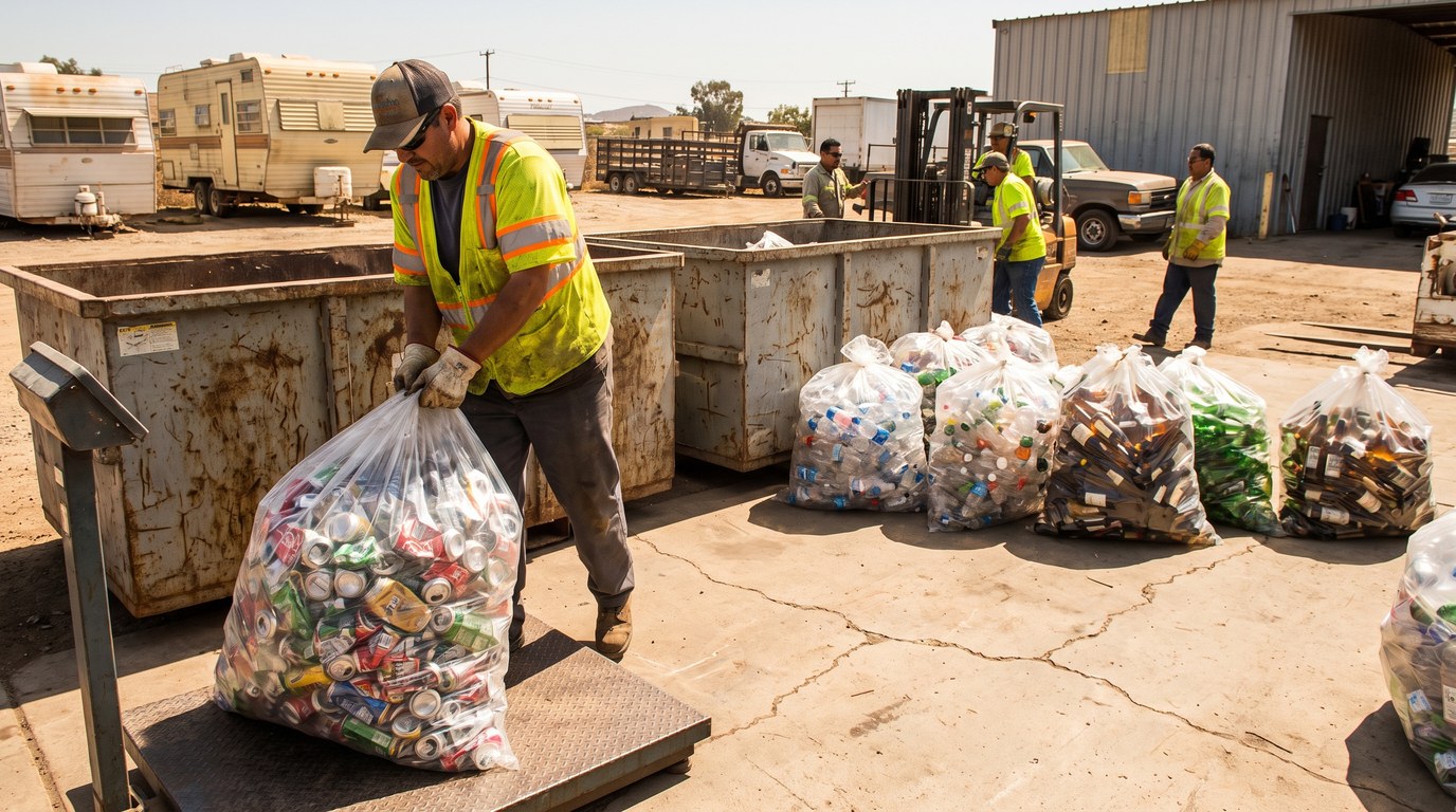 CRV Recycling Center Chula Vista Sorted aluminum cans plastic bottles and glass staged at a certified CRV redemption center