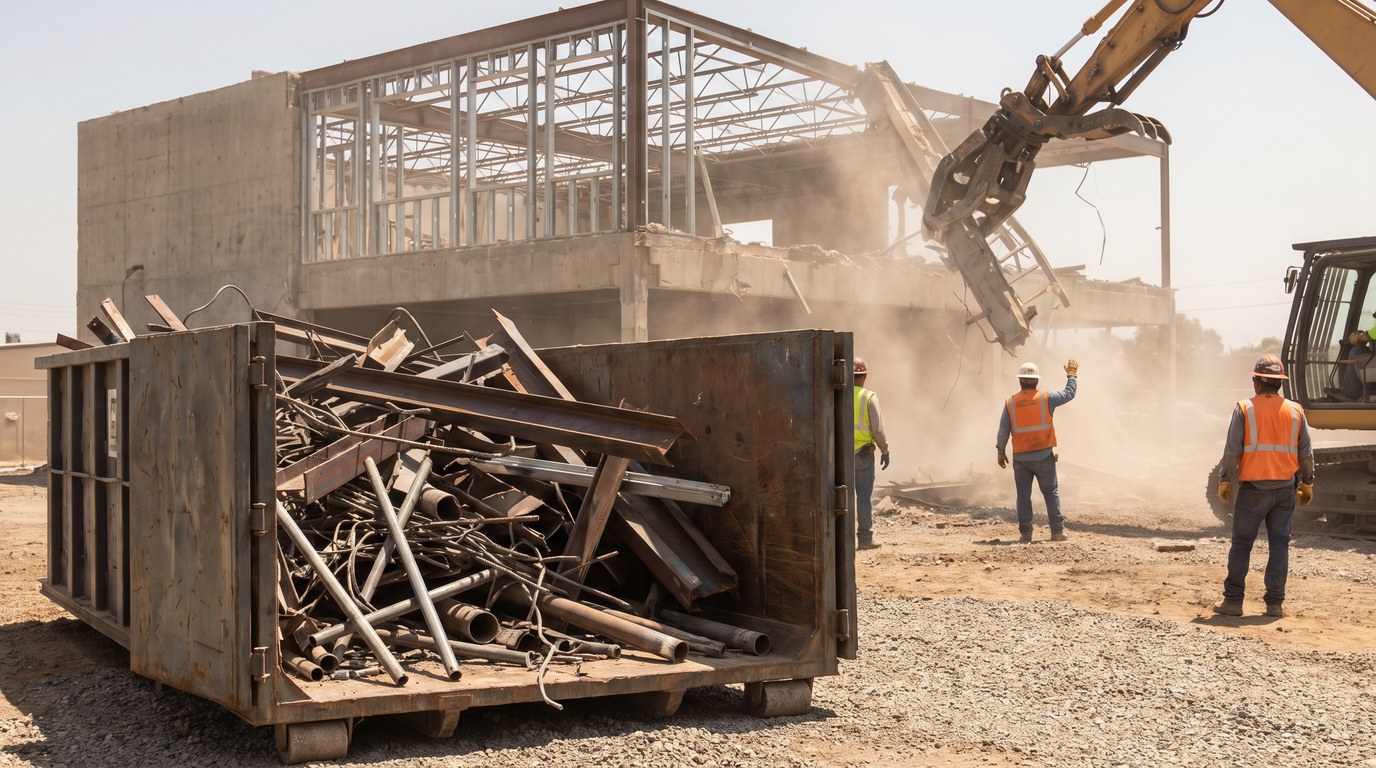 Demolition Scrap Metal Roll Off Container Service Roll-off container loaded with structural steel and rebar on an active demolition site