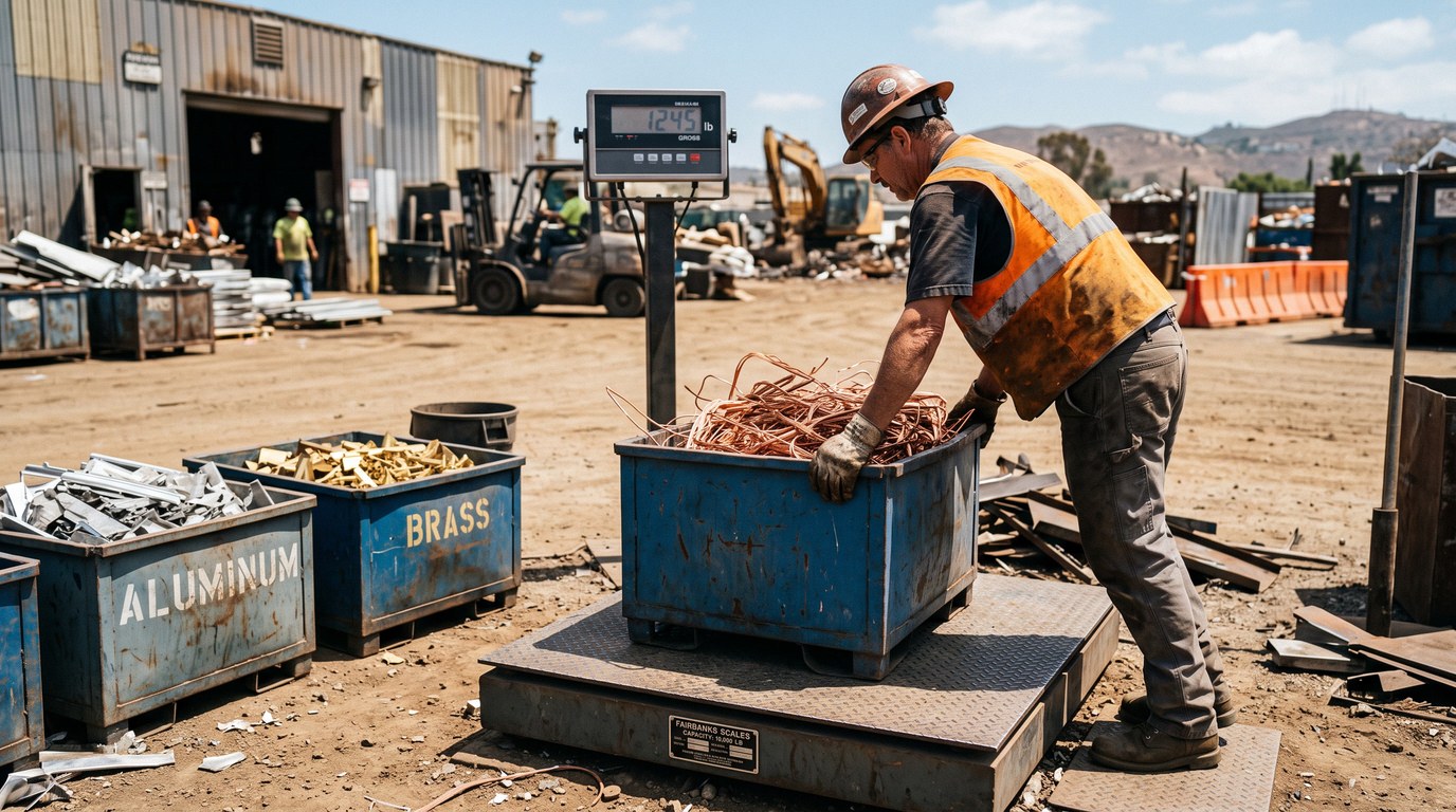 Scrap Metal Prices and Certified Scale Weighing Scrap yard worker weighing bare copper wire on a certified platform scale