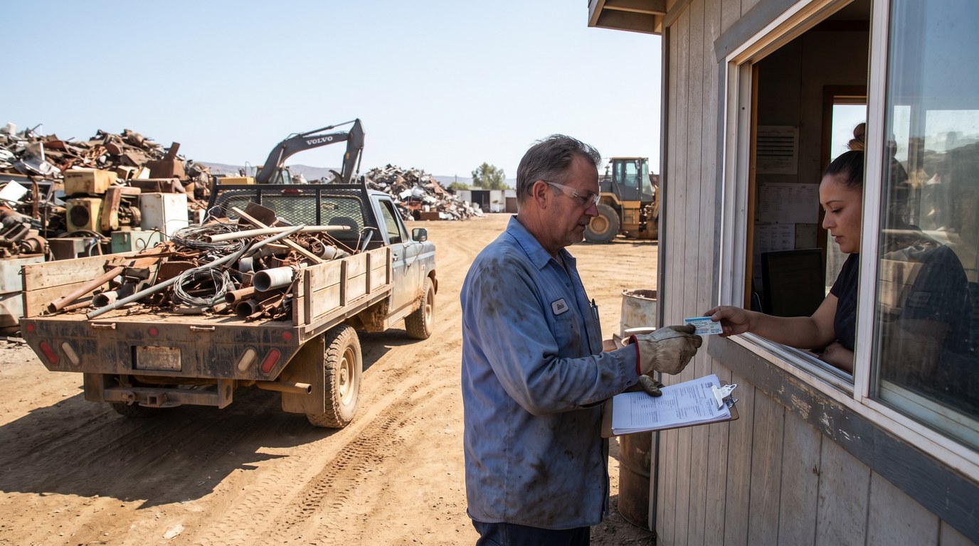 What to Bring to Sell Scrap Metal in California Customer handing photo ID and paperwork to a scrap yard scale house attendant