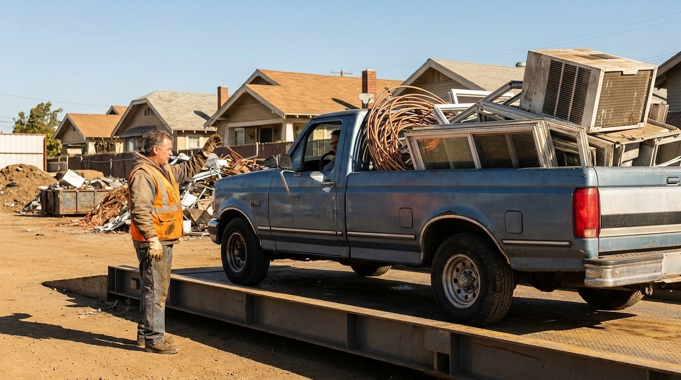 Truck weighing copper and AC scrap for La Mesa scrap metal recycling drop-off