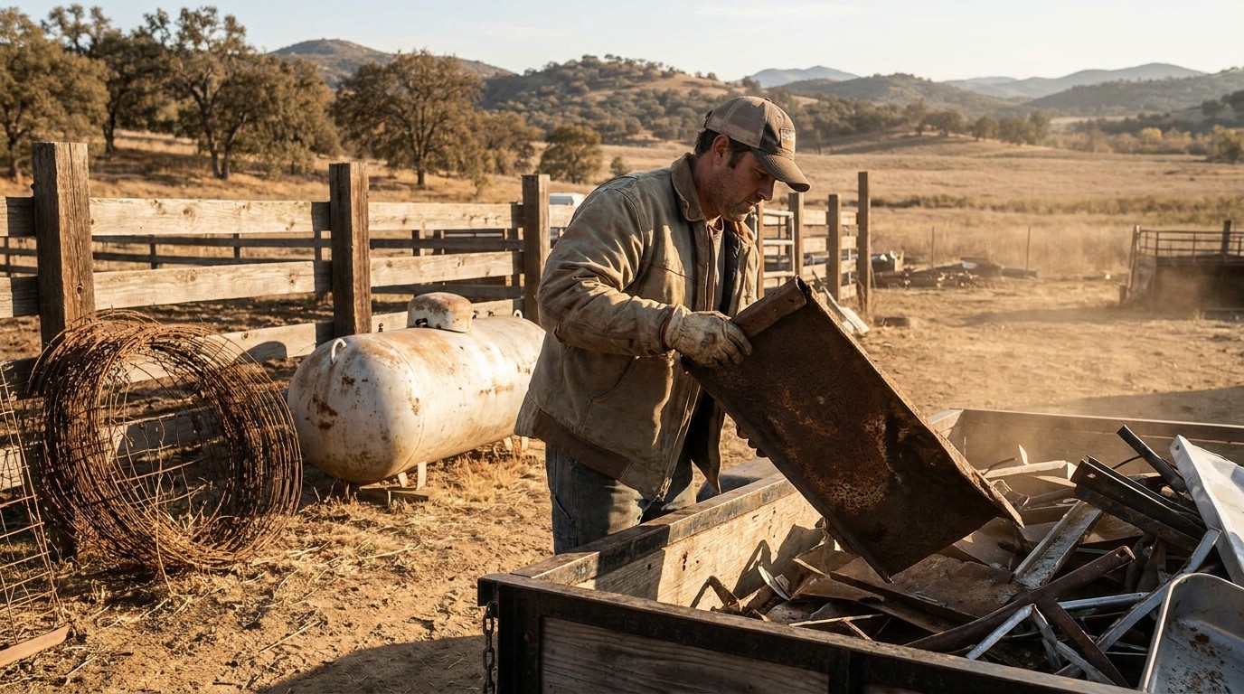 Rancher loading scrap metal for Lakeside scrap metal recycling pickup near El Cajon