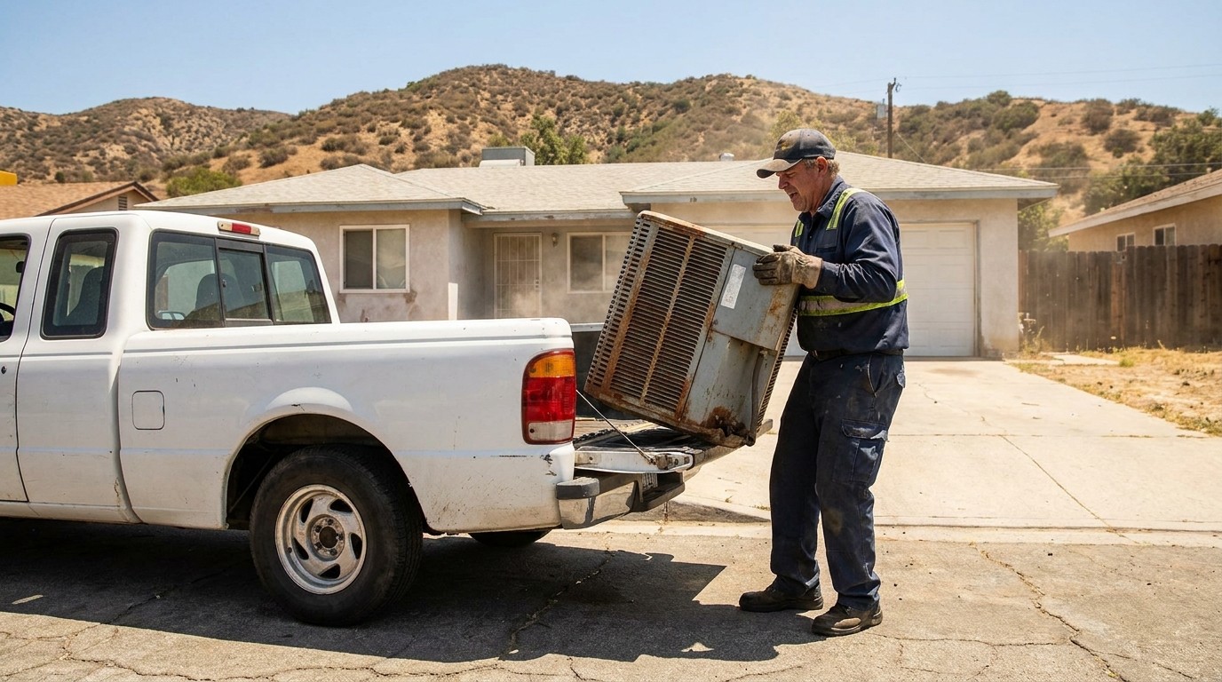 HVAC technician removing old AC condenser during Santee scrap metal recycling pickup
