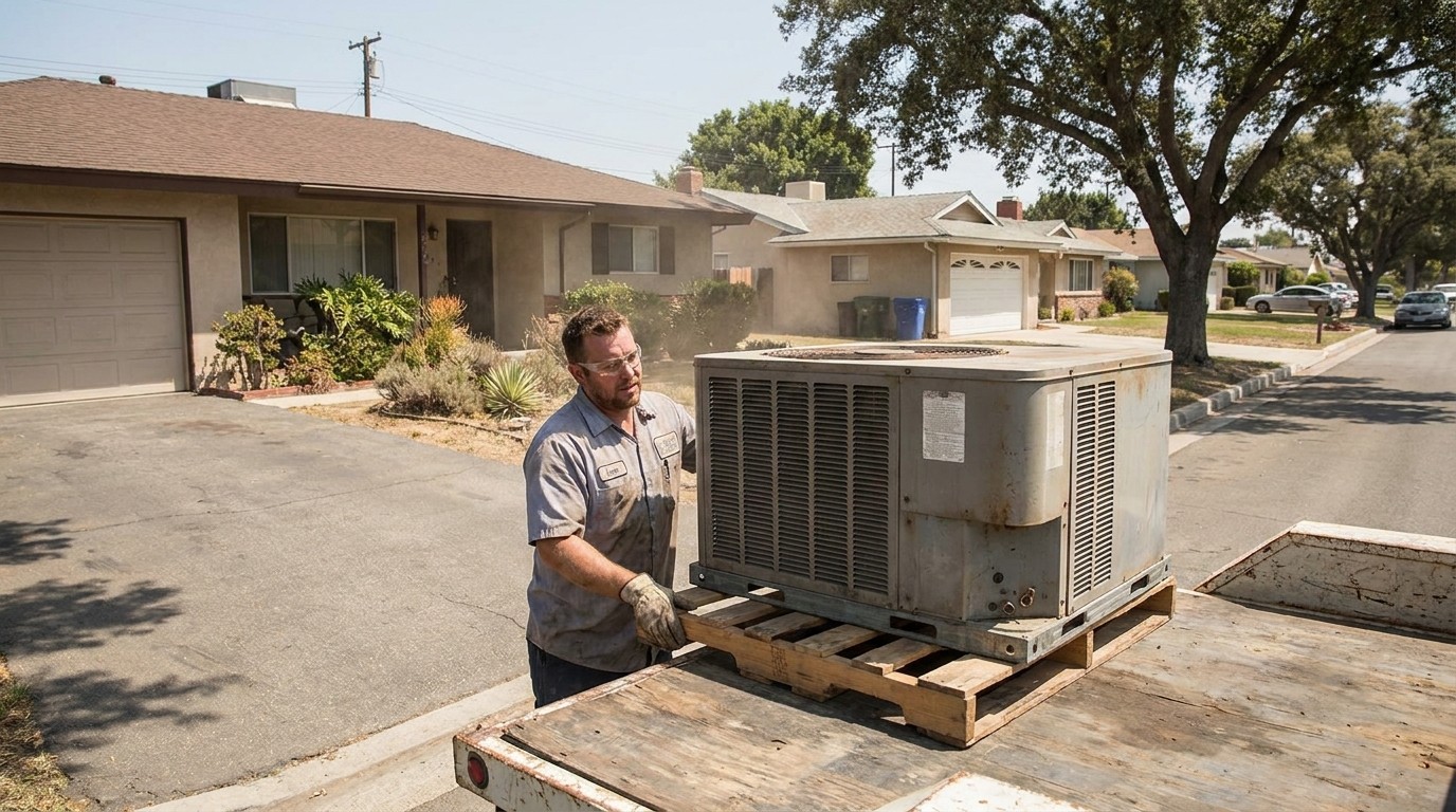 Spring Valley scrap metal recycling pickup of an old AC unit at a mid-century home