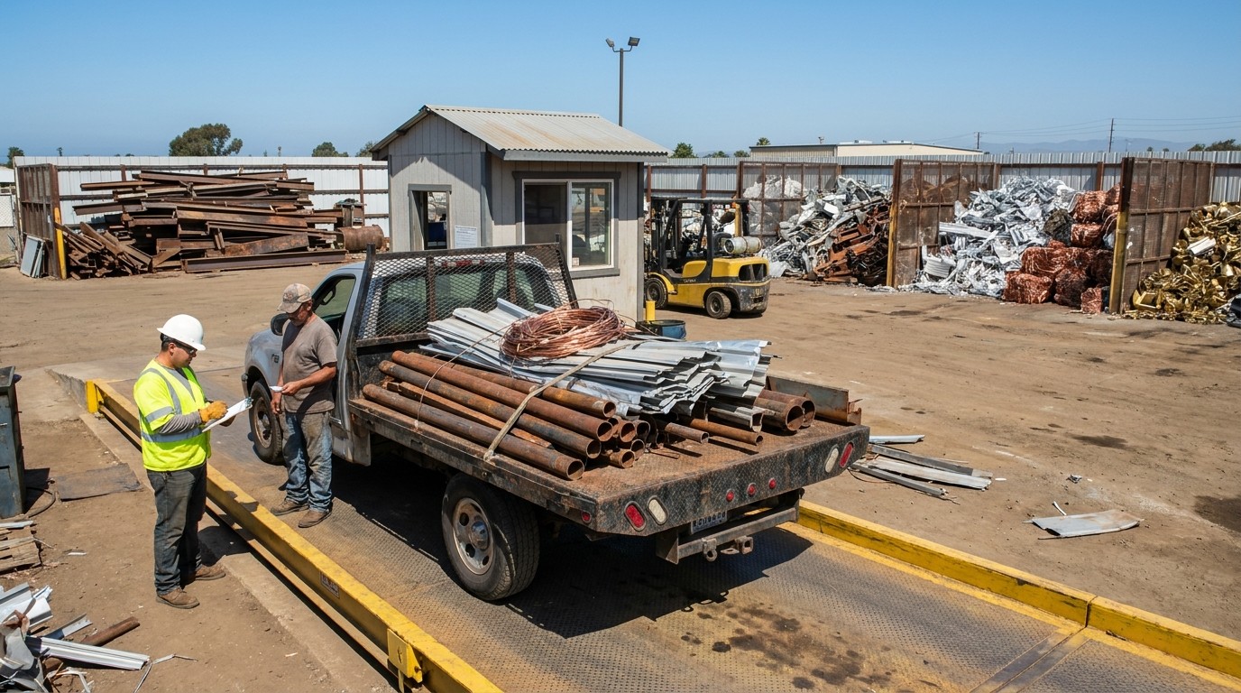 Scrap yard worker checking ID before a cash for scrap metal sale