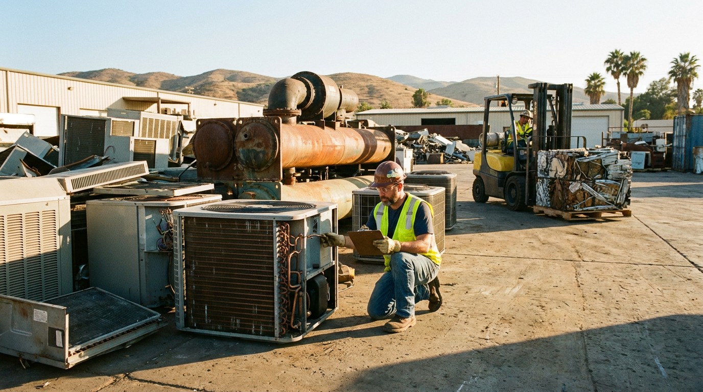 Technician checking documentation during EPA refrigerant recovery at a scrap yard