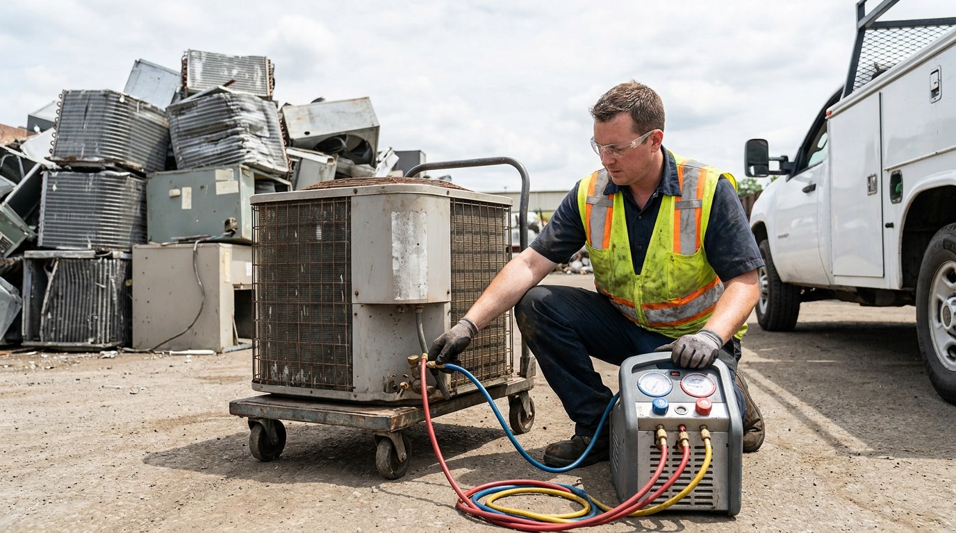 Technician recovering refrigerant from an old AC unit before recycling