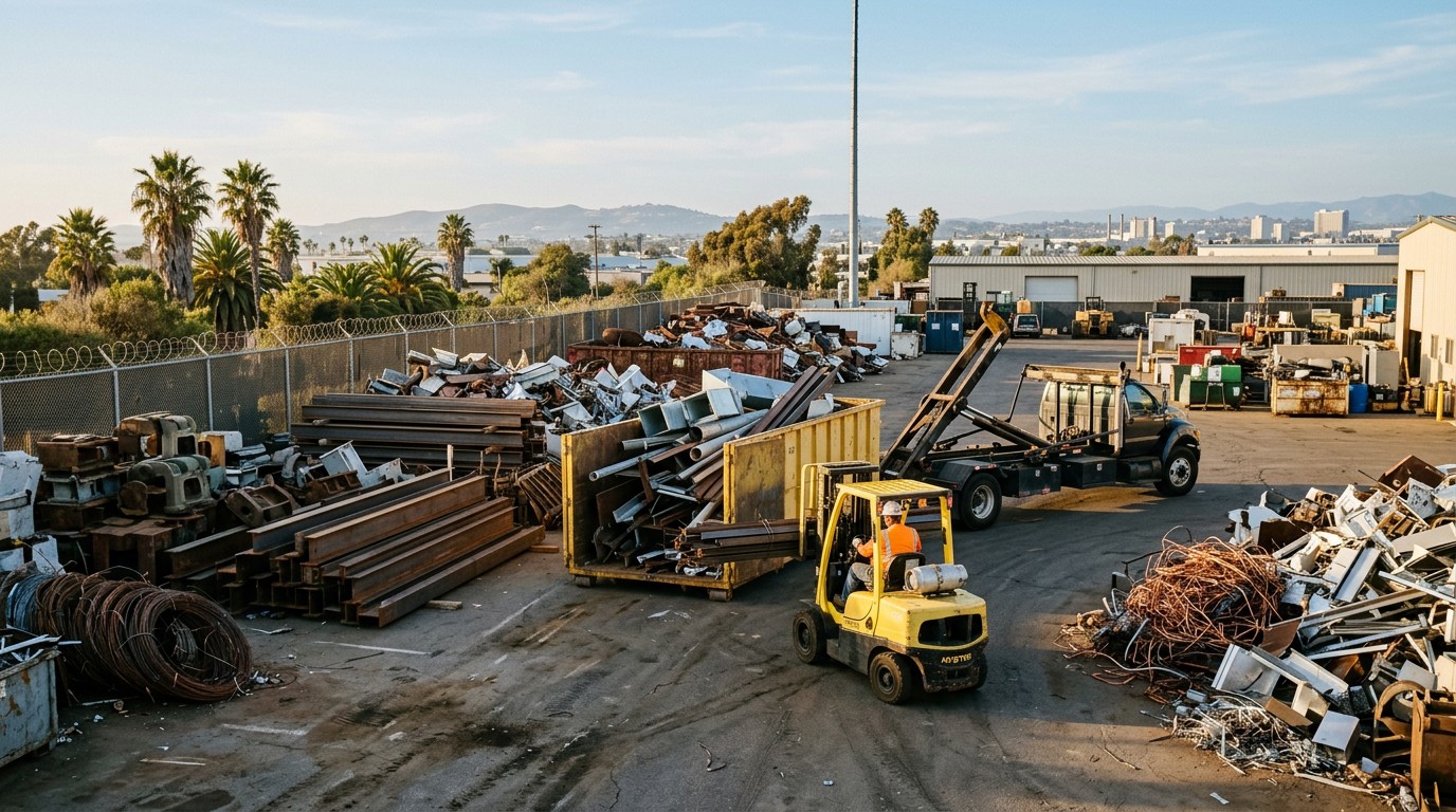 Roll-off container loaded with scrap metal at a San Diego job site