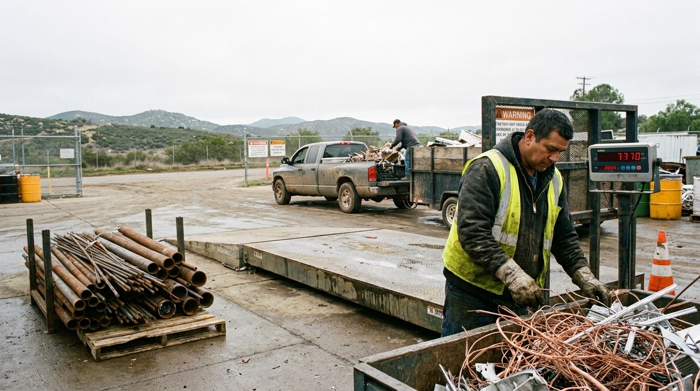 Worker weighing sorted copper and aluminum scrap metal at an El Cajon yard