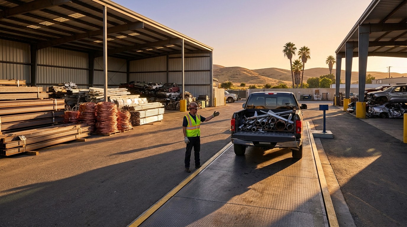 Worker weighing scrap metal on a certified scale at a San Diego recycling yard