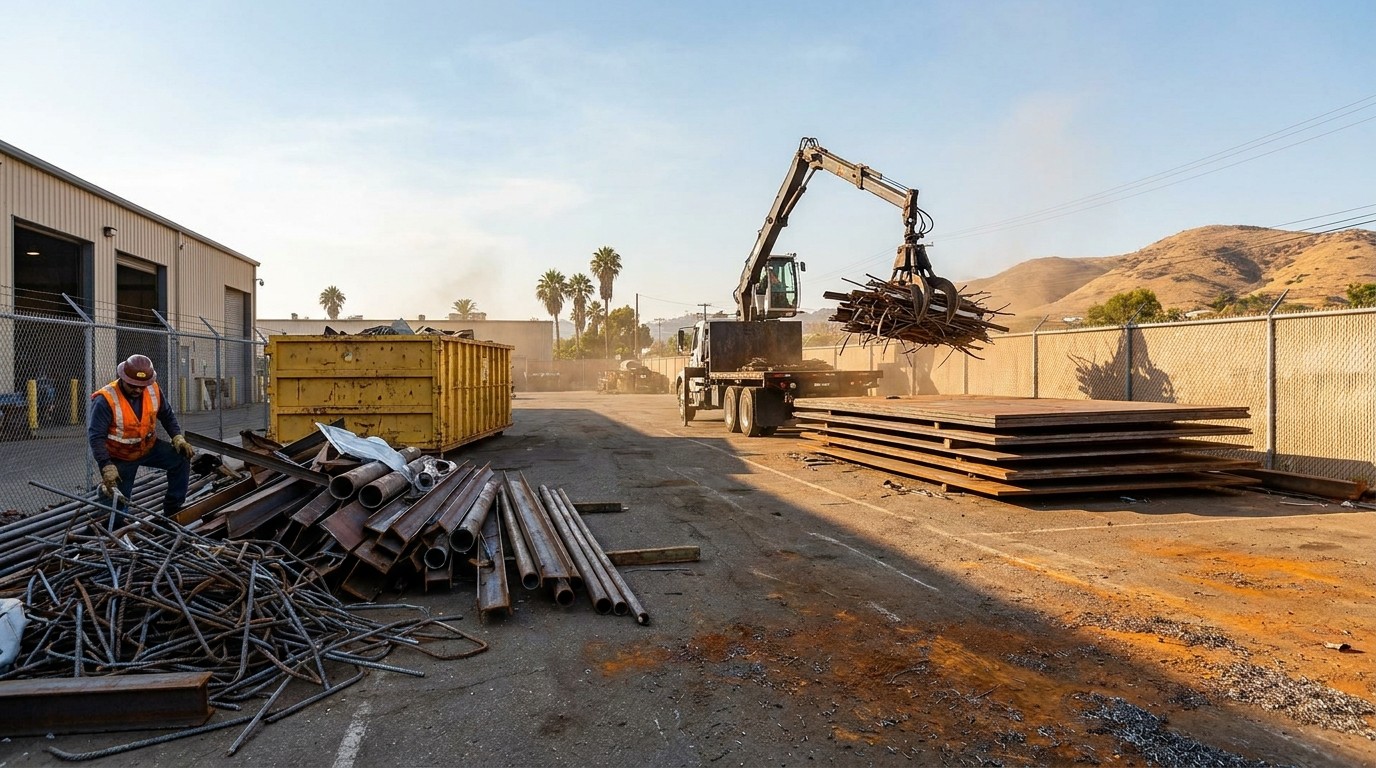 Worker sorting mixed demolition scrap metal at a San Diego County recycling yard