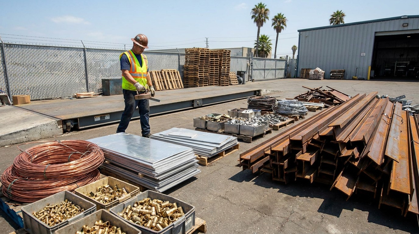Worker sorting copper, aluminum, and steel scrap metal at a recycling yard